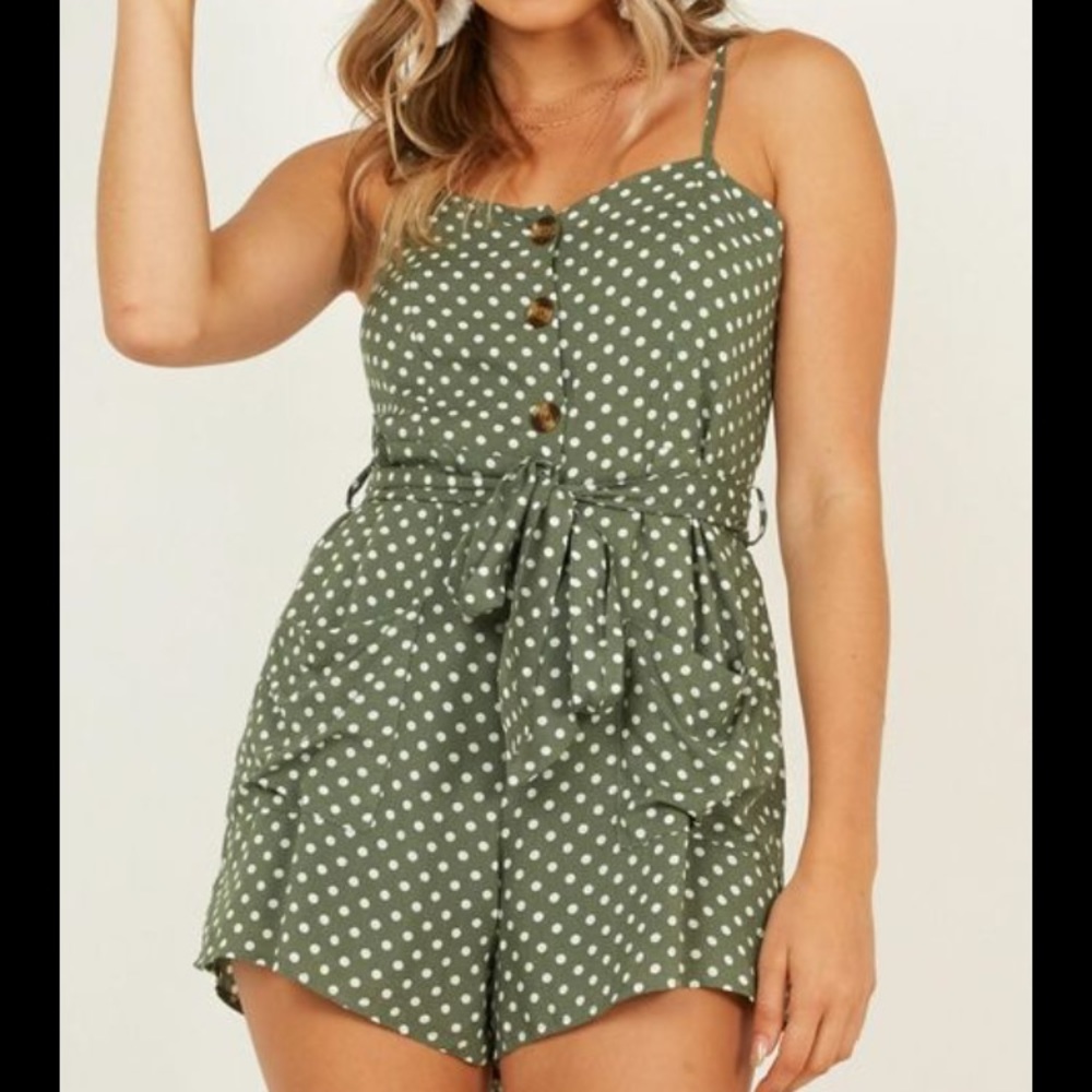 Showpo green polkadot romper, XS
